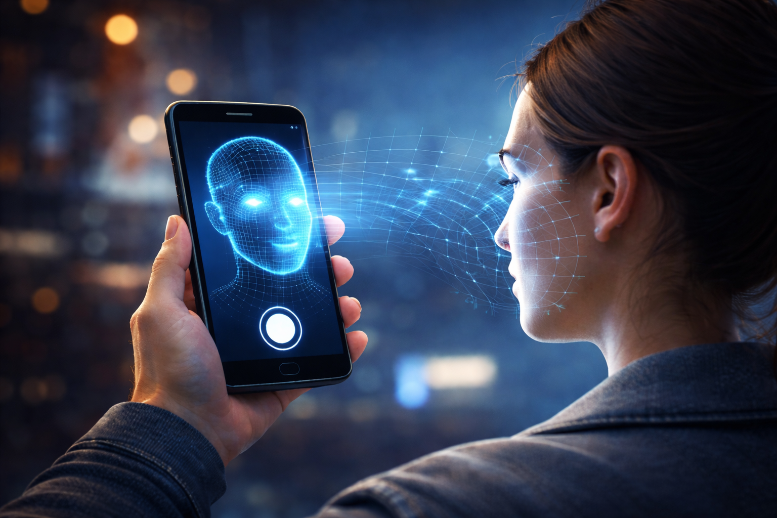 Mulher utilizando smartphone com tecnologia de reconhecimento facial por inteligência artificial, exibindo um rosto digital holográfico na tela.