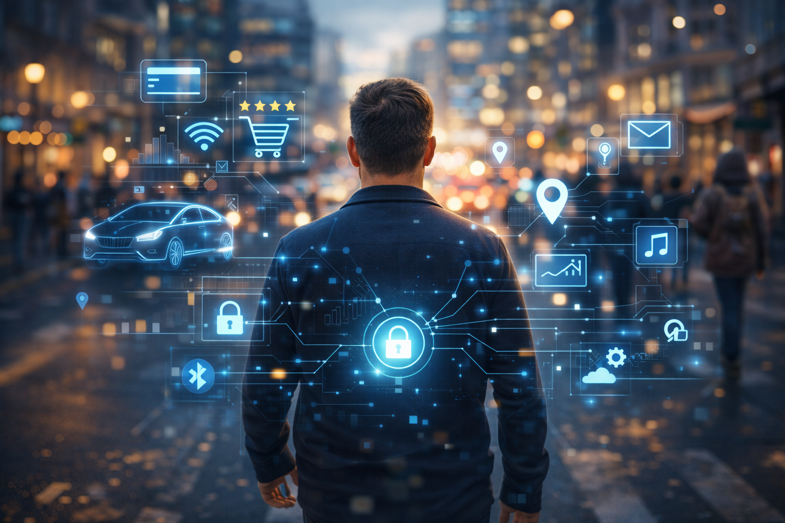 Inteligência artificial no dia a dia conectando dados, segurança e serviços digitais em uma cidade inteligente