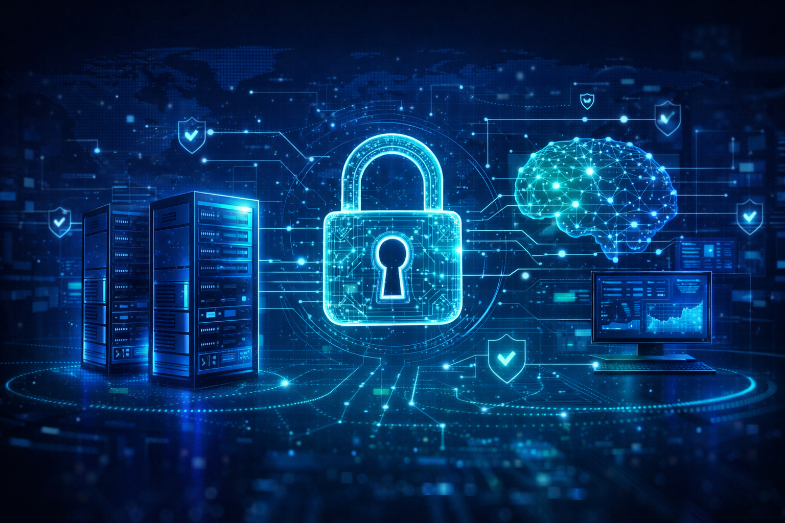 Ilustração de segurança de dados empresariais com cadeado digital, servidores protegidos e inteligência artificial aplicada à administração de banco de dados.