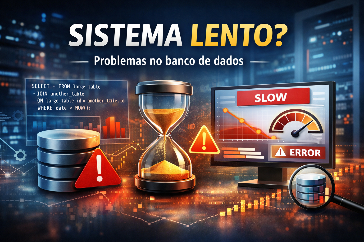 Sistema lento causado por problemas no banco de dados, com alerta de performance, ampulheta e dashboard indicando queda de desempenho.
