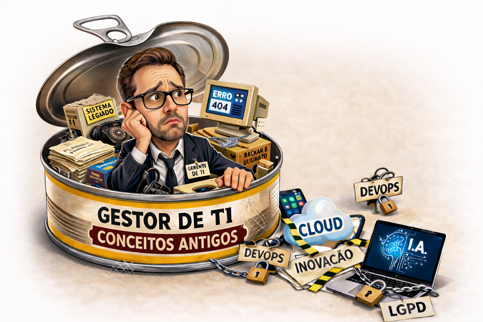 Caricatura de gestor de TI preso dentro de uma lata de conservas simbolizando apego a conceitos antigos de tecnologia enquanto cloud, DevOps, IA e inovação estão do lado de fora.