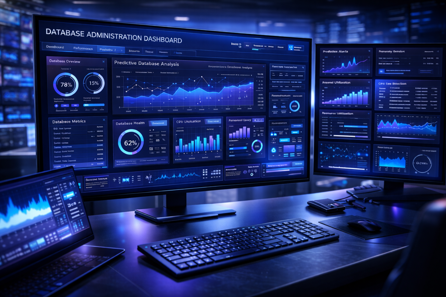 Dashboard de administração de banco de dados com análise preditiva, métricas de performance, utilização de CPU e monitoramento em tempo real.