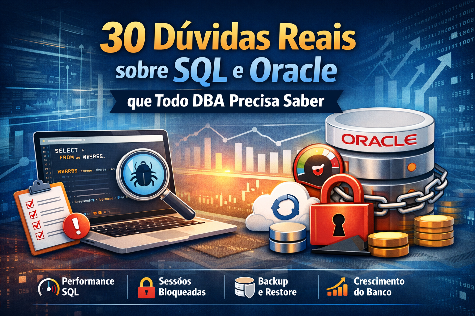 Ilustração sobre dúvidas reais de SQL e Oracle Database mostrando laptop com código, ícones de performance, sessões bloqueadas, backup e crescimento do banco de dados.