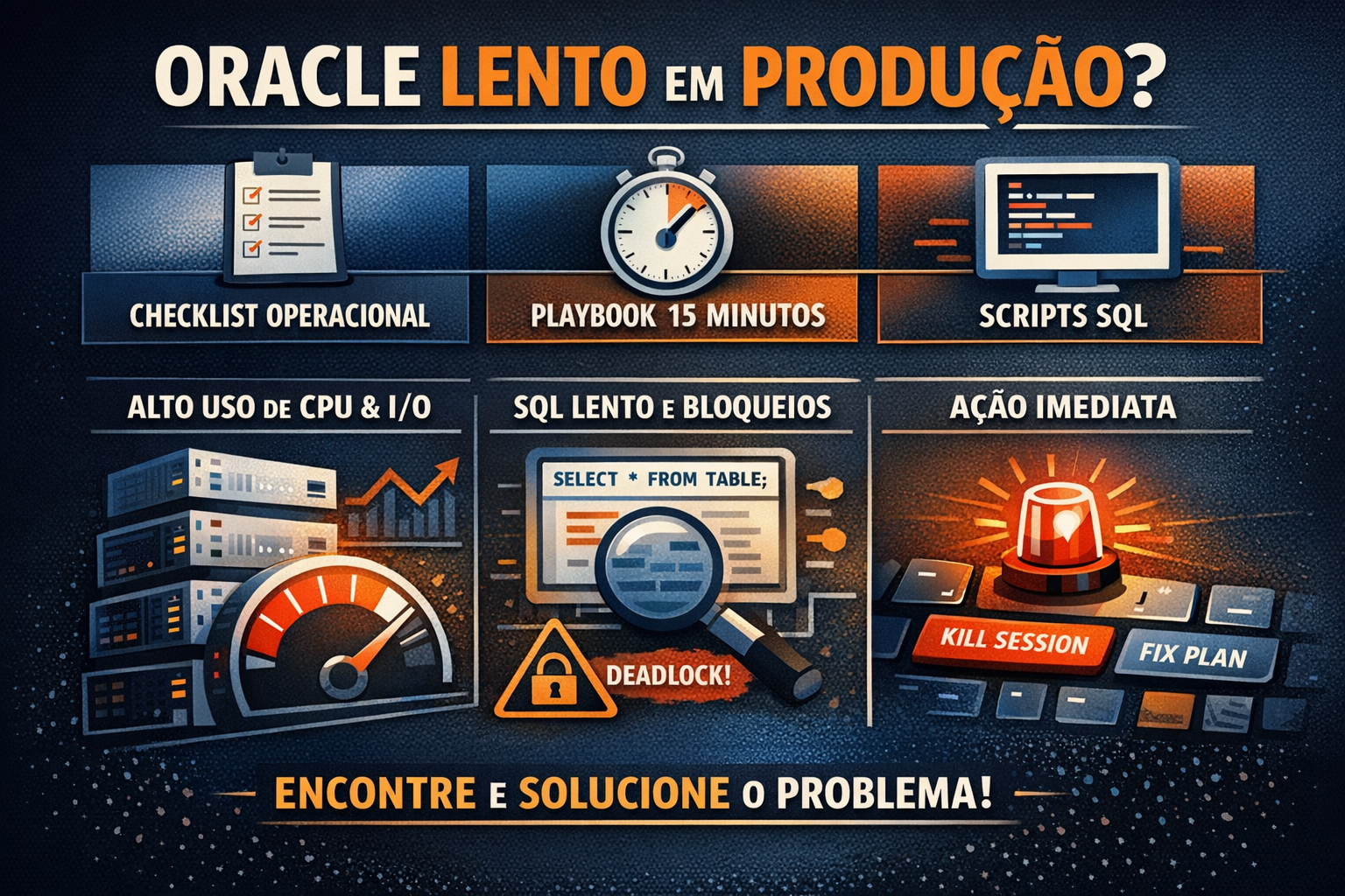 Infográfico mostrando checklist, playbook de 15 minutos e scripts SQL para troubleshooting de Oracle lento em produção
