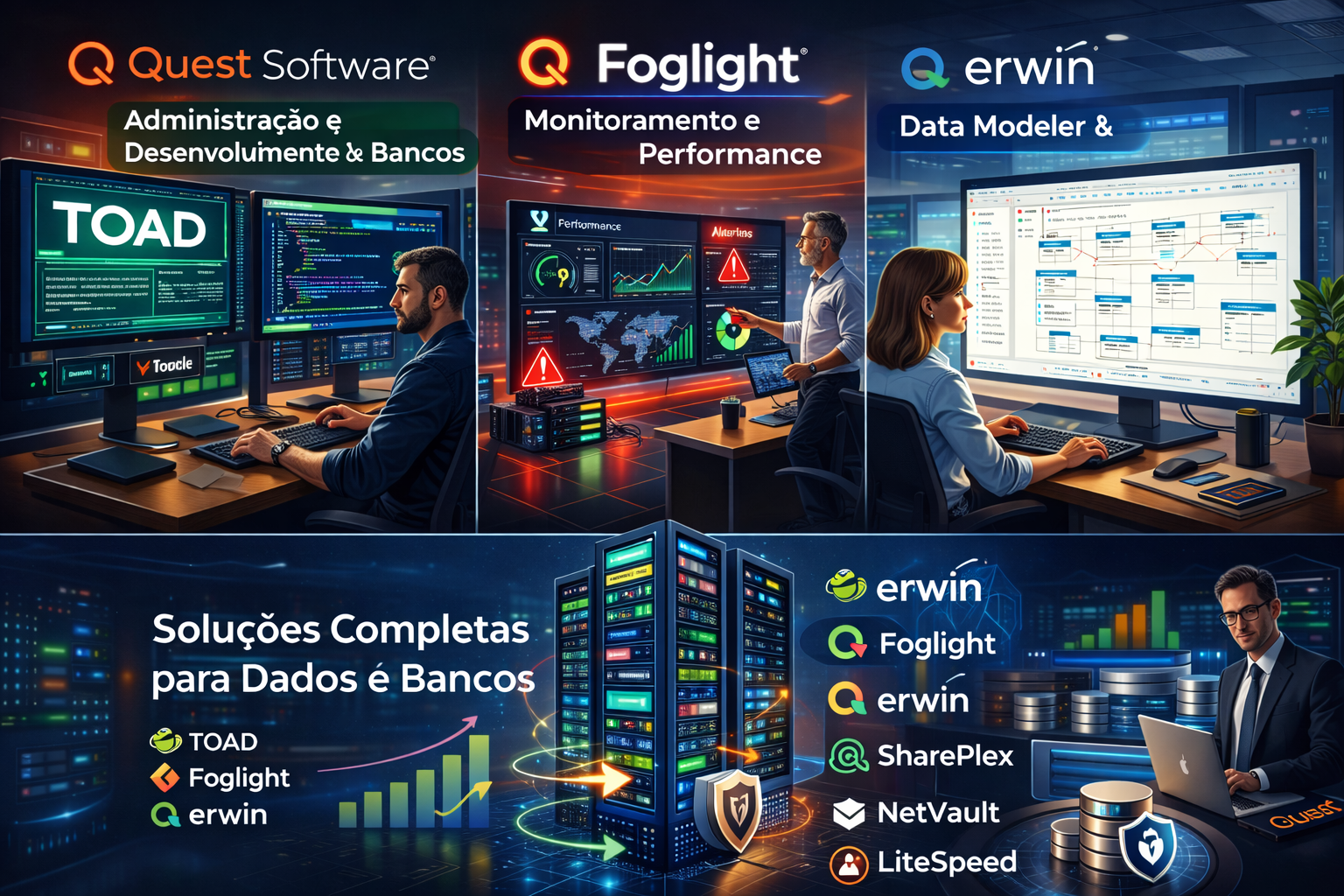 Especialistas utilizando soluções Quest Software para monitoramento e gestão de banco de dados corporativo