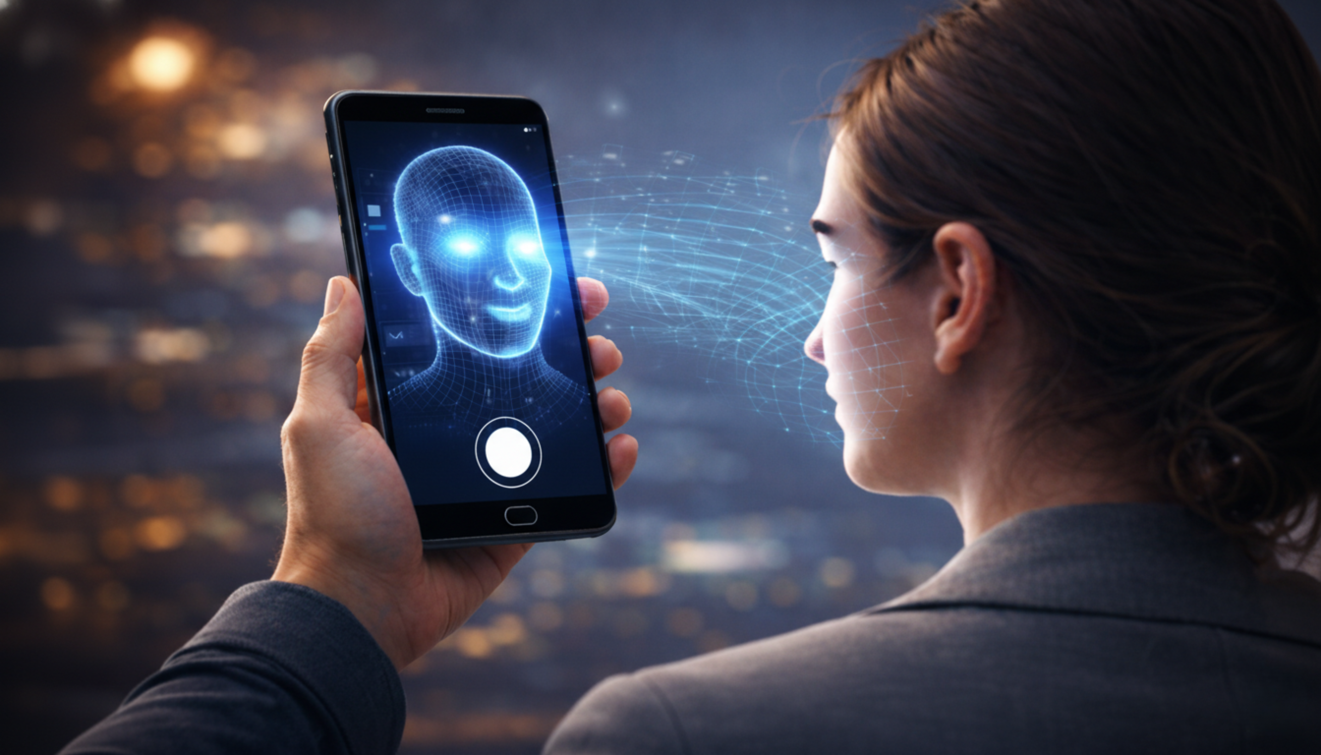 Mulher utilizando smartphone com tecnologia de reconhecimento facial por inteligência artificial, exibindo um rosto digital holográfico na tela.