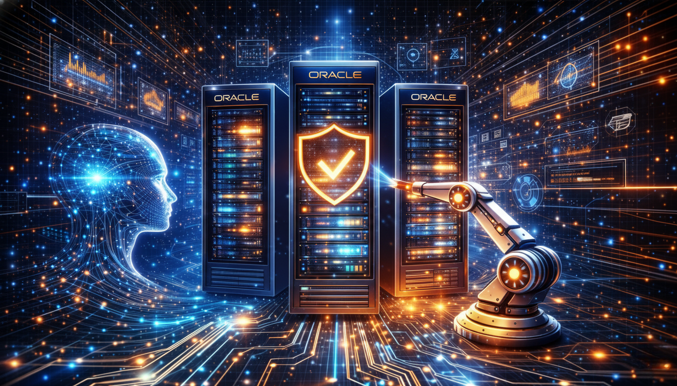 Ilustração futurista mostrando servidores com símbolo de segurança, um rosto humano digital e um braço robótico representando inteligência artificial e proteção de dados.