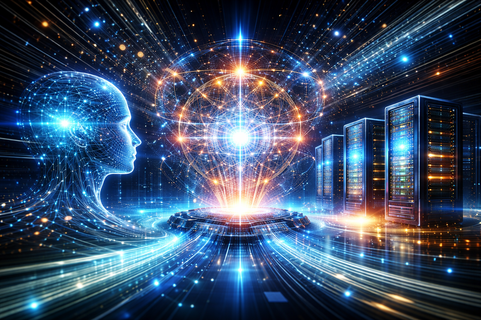 Representação visual de inteligência artificial integrada a bancos de dados, conectando servidores, dados e inovação tecnológica.