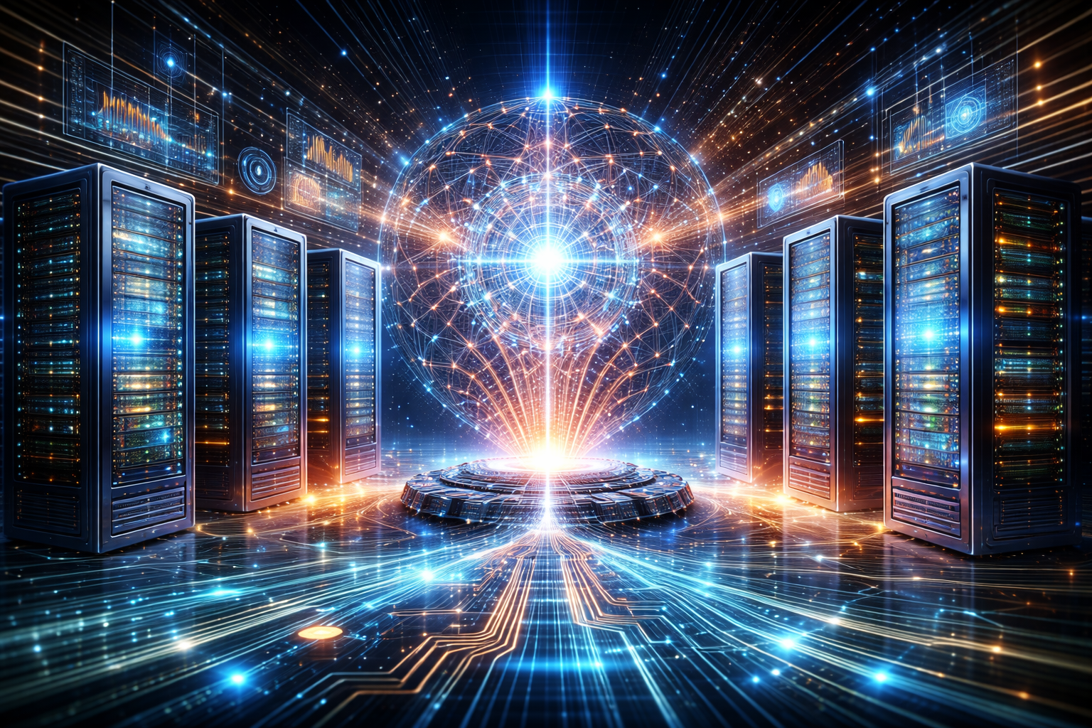 Ilustração futurista de um centro de dados com servidores ao redor de uma esfera luminosa representando inteligência artificial e fluxo de informações.