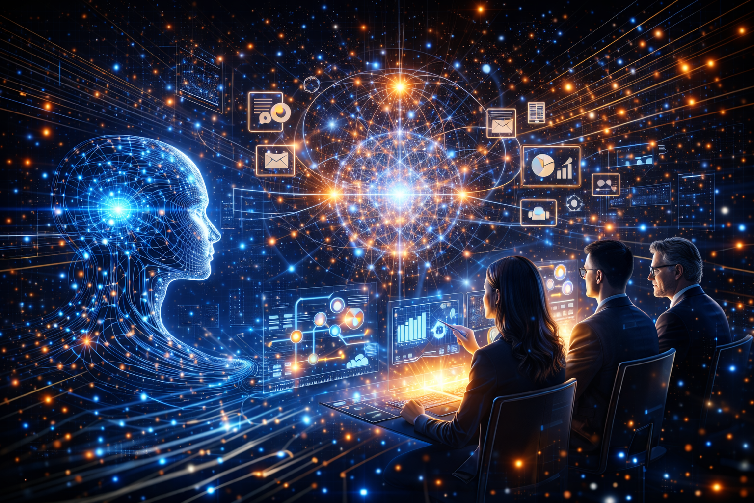 Ilustração futurista de uma inteligência artificial interagindo com profissionais por meio de painéis digitais e fluxos de dados.