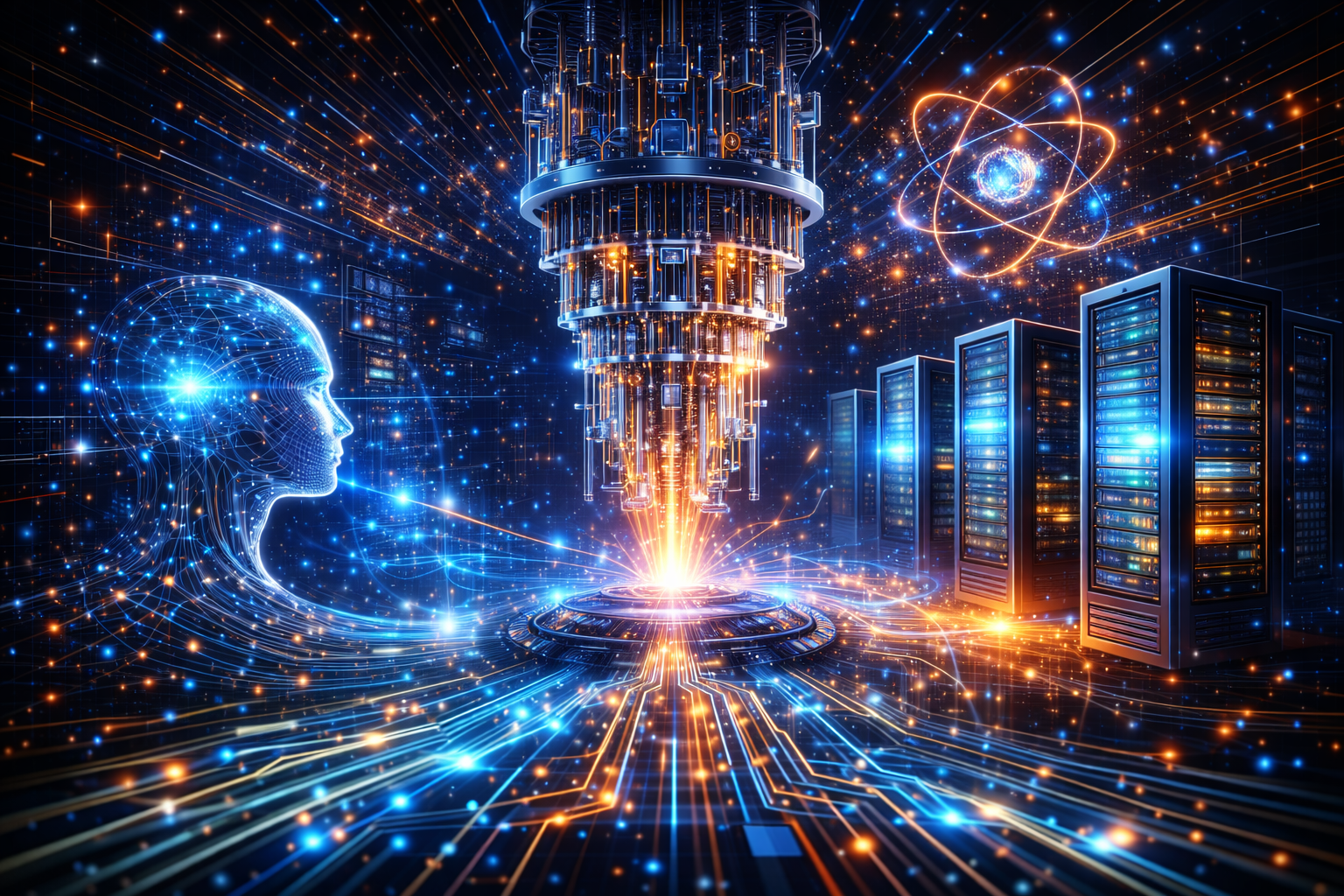 Ilustração futurista com inteligência artificial, servidores e um núcleo de processamento quântico emitindo fluxos de dados luminosos.