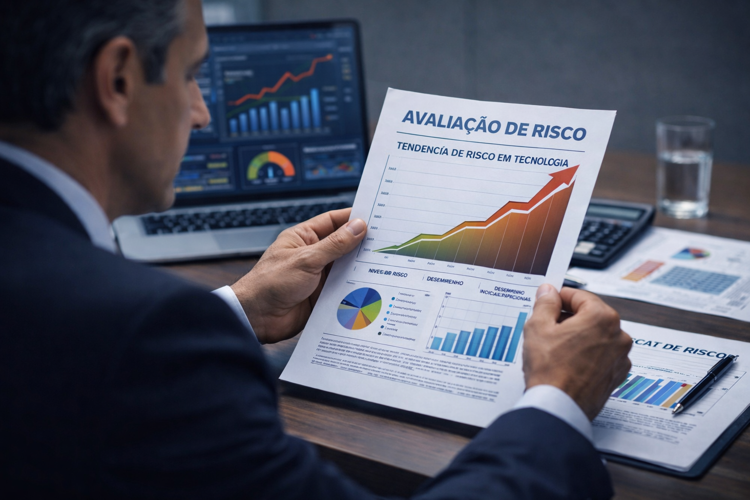 Análise executiva de risco em tecnologia com gráfico de tendência crescente e indicadores de governança de TI