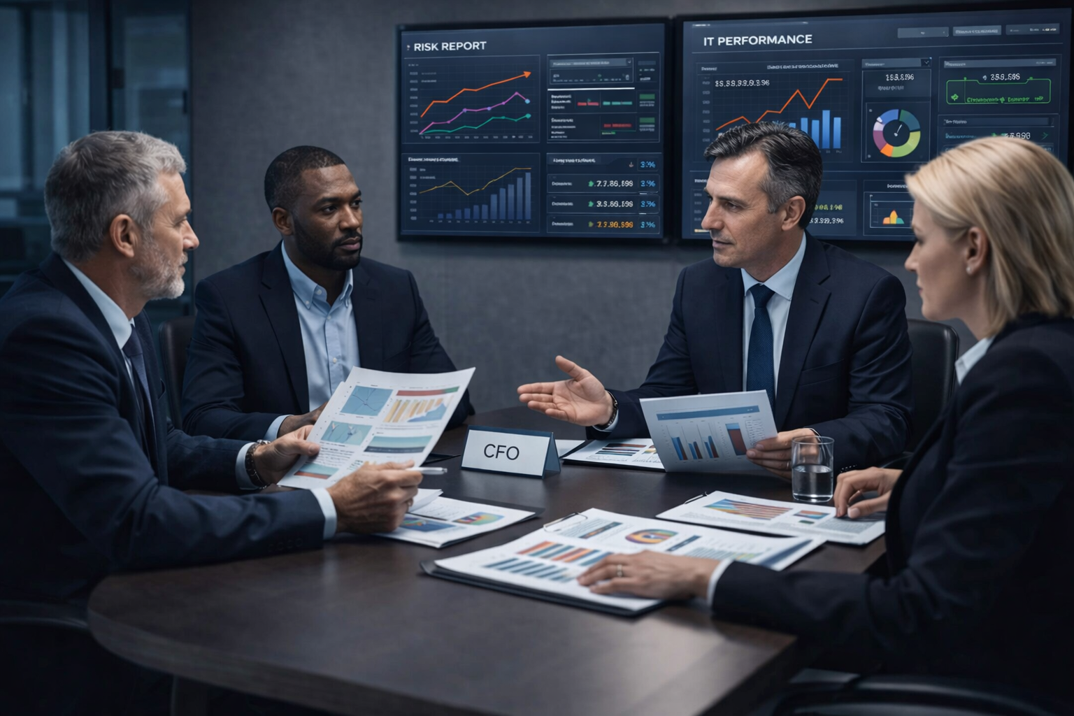 Board executivo discutindo risco em TI e governança com CIO e CFO analisando relatórios estratégicos e indicadores financeiros