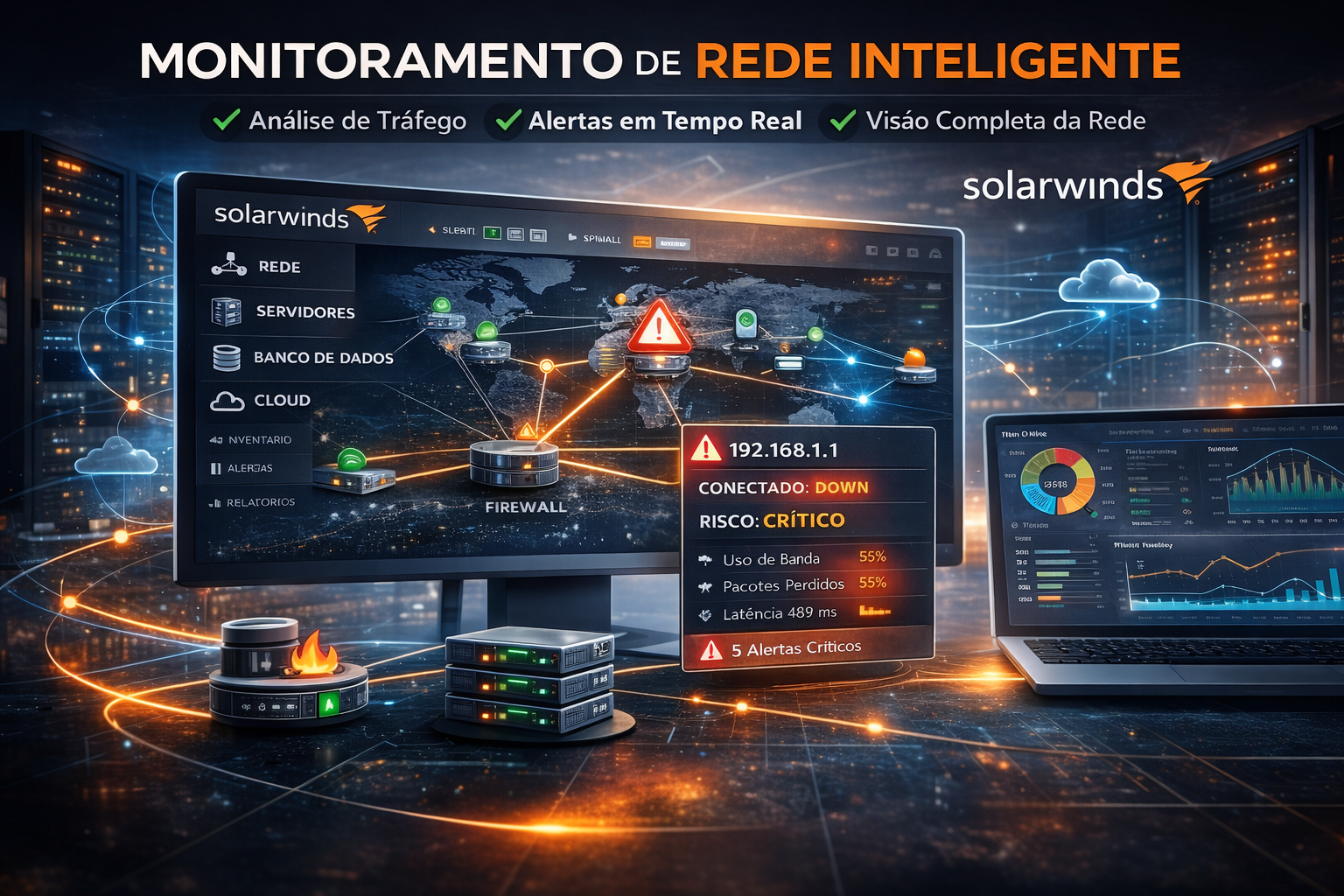 Painel de monitoramento de rede SolarWinds com alertas críticos, firewall, análise de tráfego e indicadores de risco em tempo real.