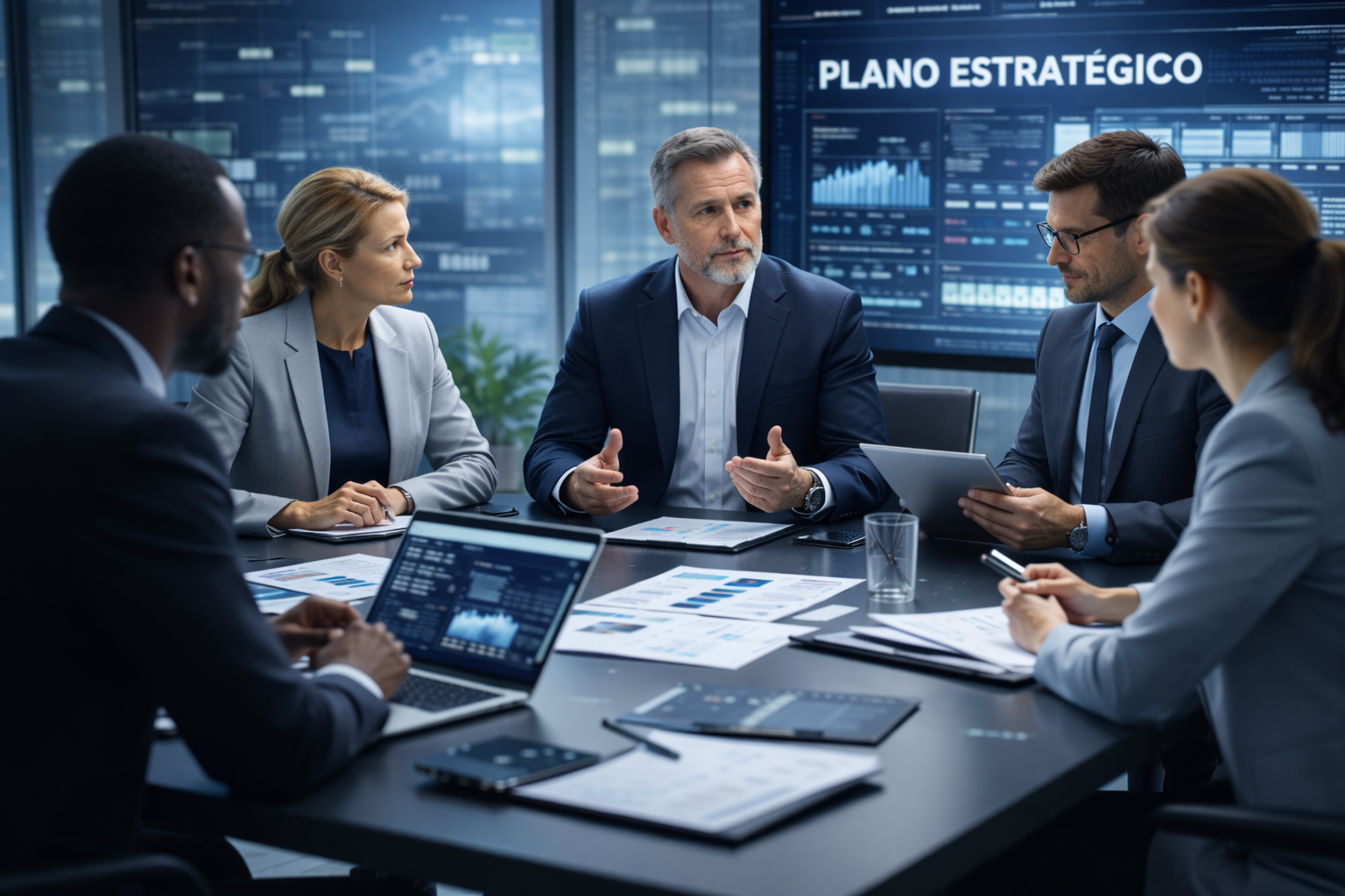 Líderes alinhando comunicação estratégica para empresas de tecnologia durante reunião executiva