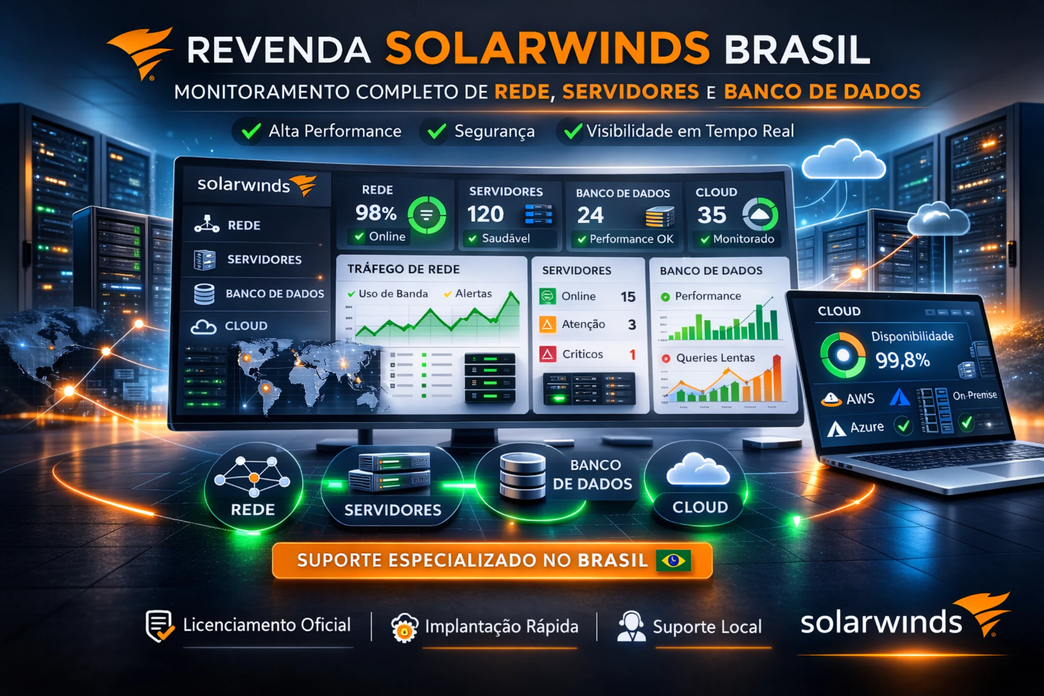 Revenda SolarWinds Brasil com painel de monitoramento de rede, servidores e banco de dados em tempo real.