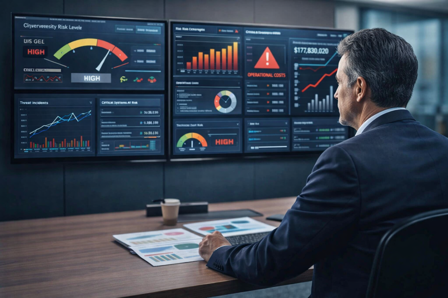 C-Level analisando dashboards estratégicos com indicadores de risco em tecnologia e impacto financeiro da TI