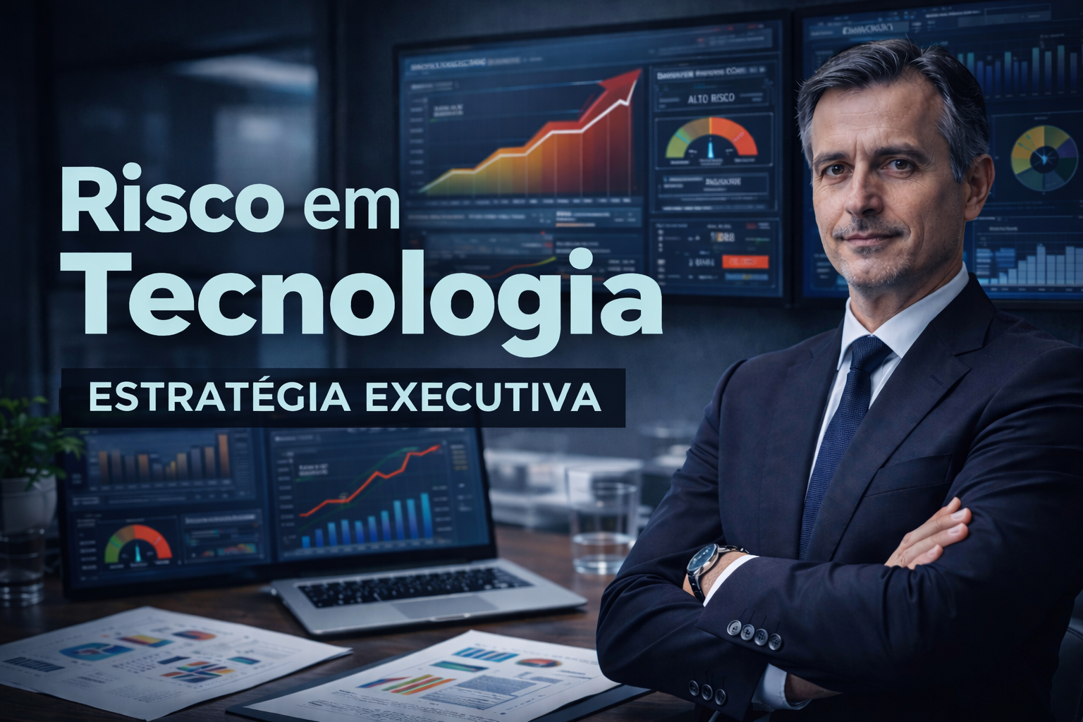 Executivo analisando risco em tecnologia com dashboards estratégicos e indicadores de governança de TI