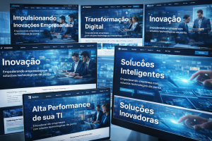 Vários sites corporativos de tecnologia com frases genéricas como inovação, transformação digital e soluções inteligentes
