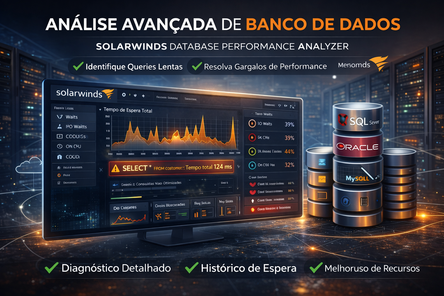 Dashboard SolarWinds Database Performance Analyzer exibindo análise de queries lentas, tempo de espera e desempenho de banco de dados Oracle, SQL Server e MySQL.