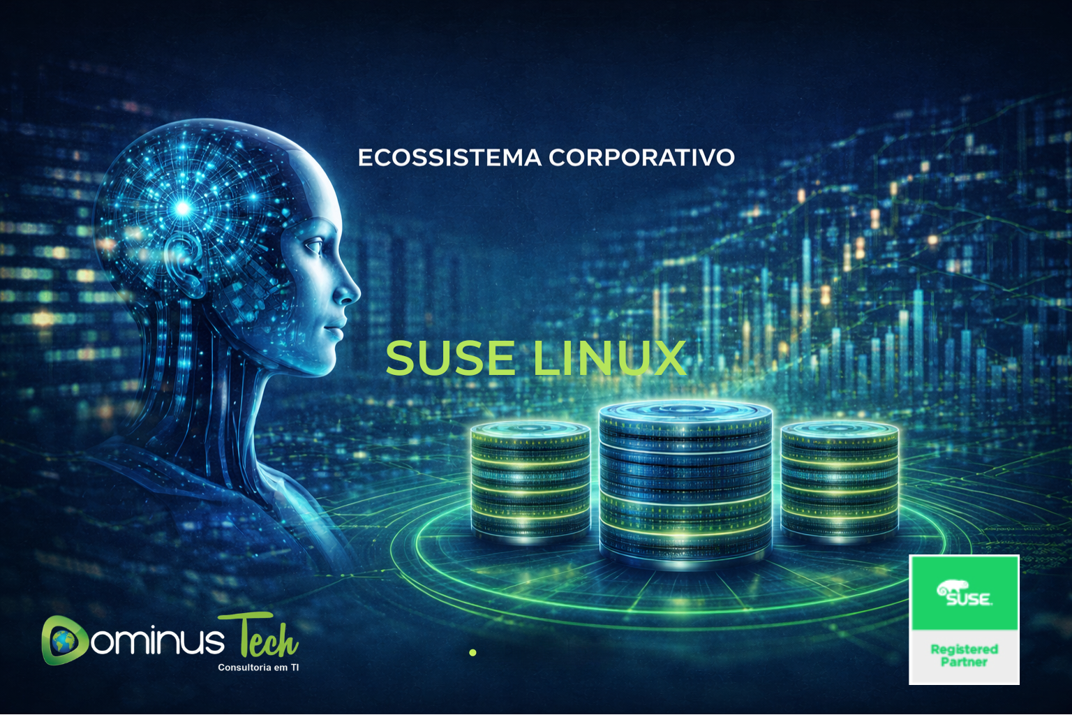 Ilustração de inteligência artificial analisando dados em um ambiente corporativo com servidores e SUSE Linux