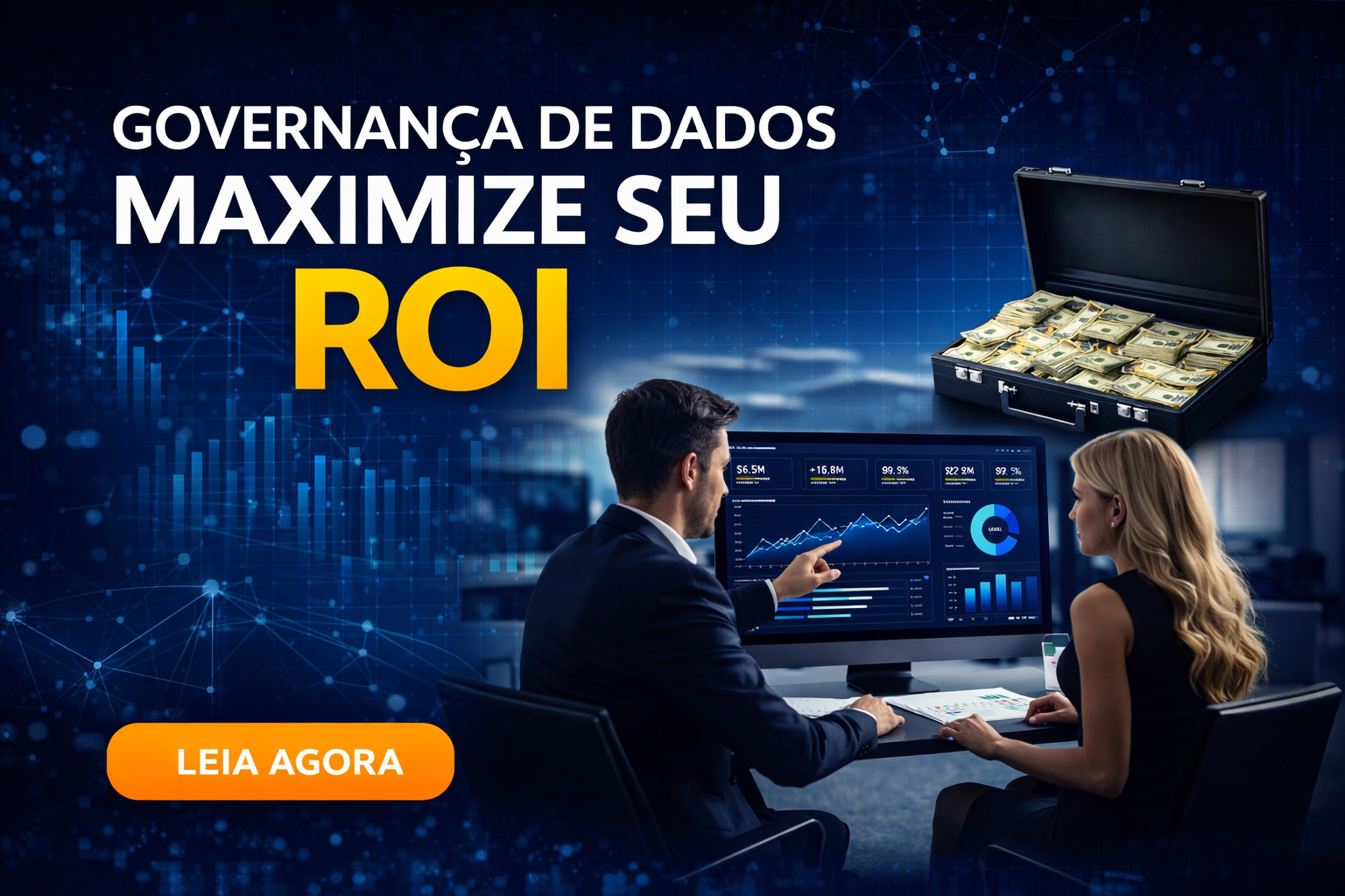 Executivos analisando dashboard estratégico para maximizar ROI com governança de dados