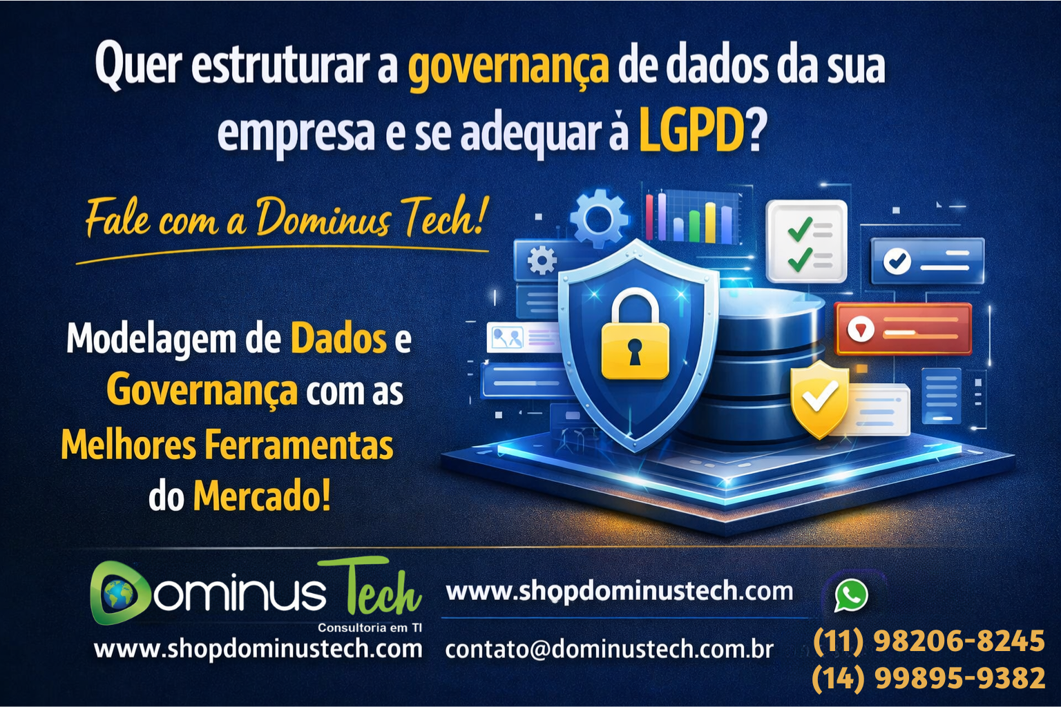 Imagem de governança de dados corporativa com foco em LGPD, destacando segurança, modelagem de dados e compliance empresarial