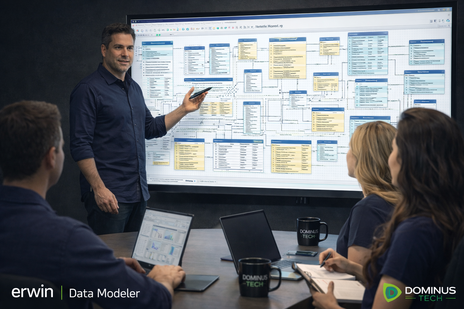 Analista apresentando modelo de dados em tela grande para equipe utilizando Erwin Data Modeler em ambiente corporativo.