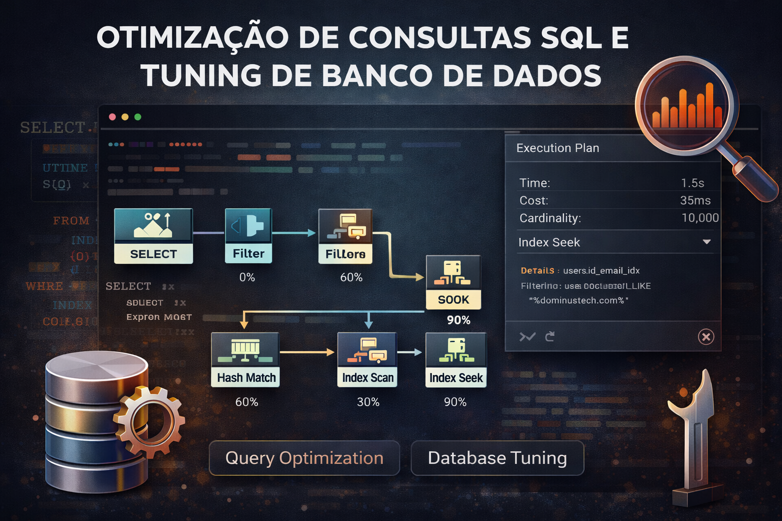 Plano de execução SQL exibindo análise de performance com index seek, custo de consulta e otimização de banco de dados