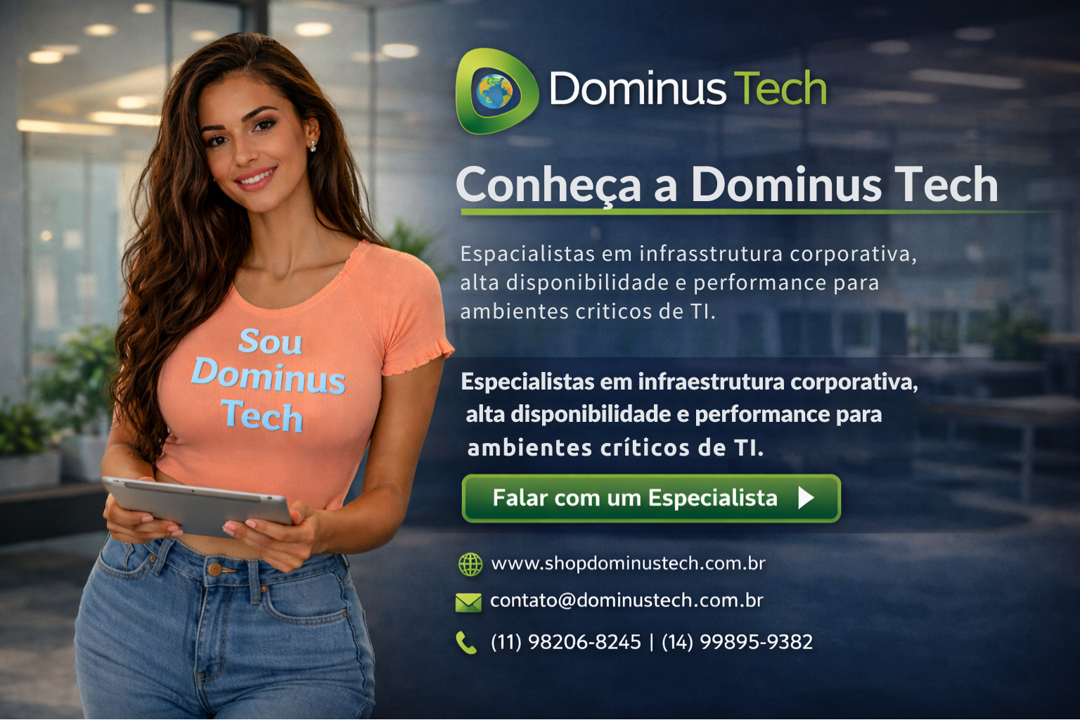 Profissional de tecnologia vestindo camiseta azul claro com frase “Sou Dominus Tech”, representando inovação, consultoria em TI e soluções corporativas modernas.