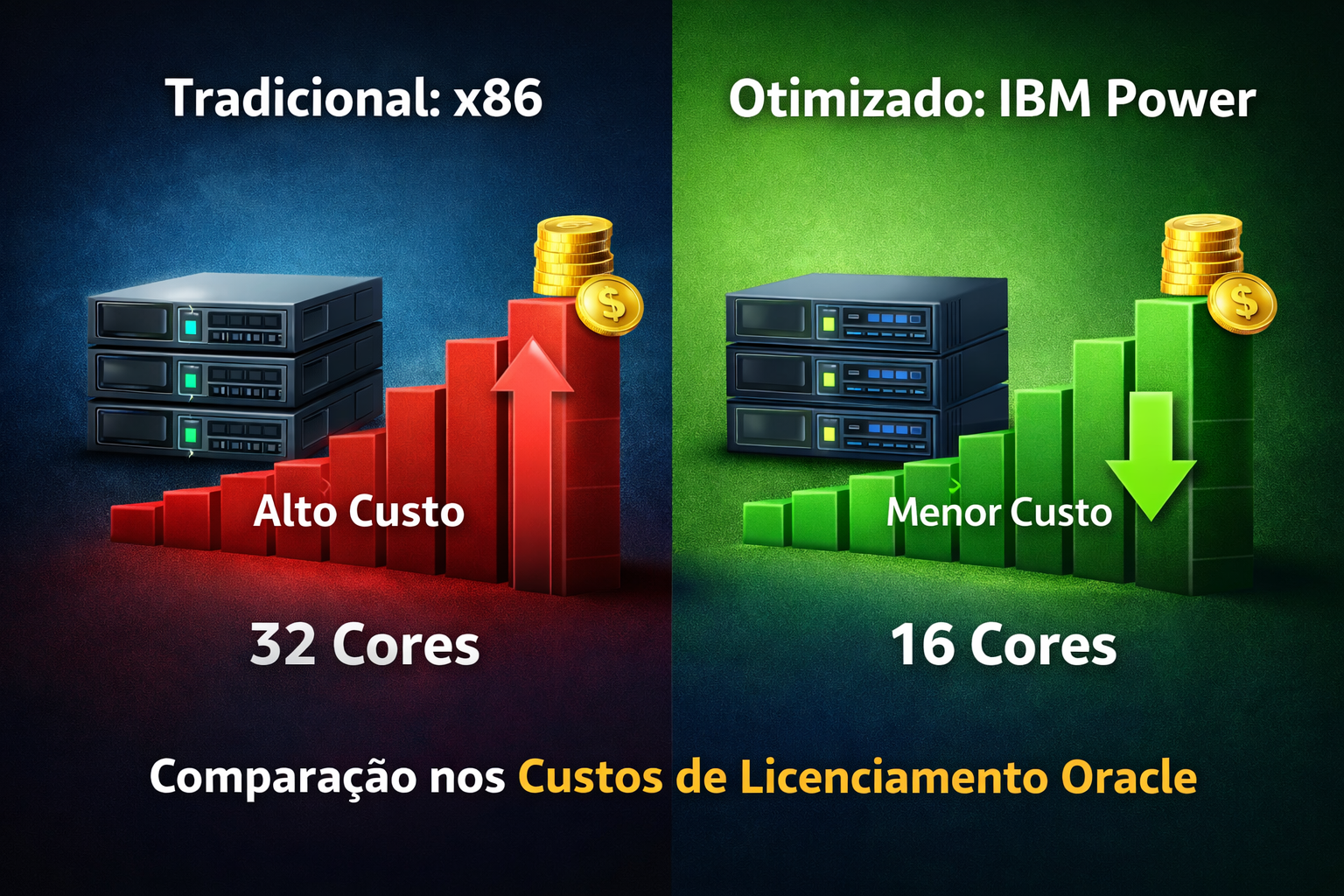 comparação entre servidores x86 e IBM Power mostrando redução de custo de licenciamento Oracle com menos cores e maior performance