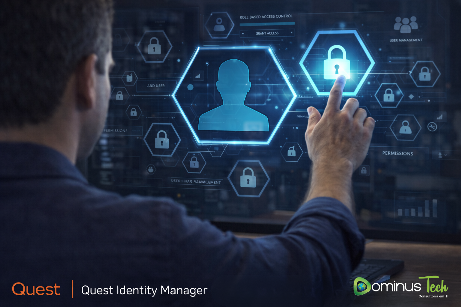 Gestão de identidade com Quest Identity Manager em painel digital com controle de acessos e ícones de segurança – suporte oficial Dominus Tech.