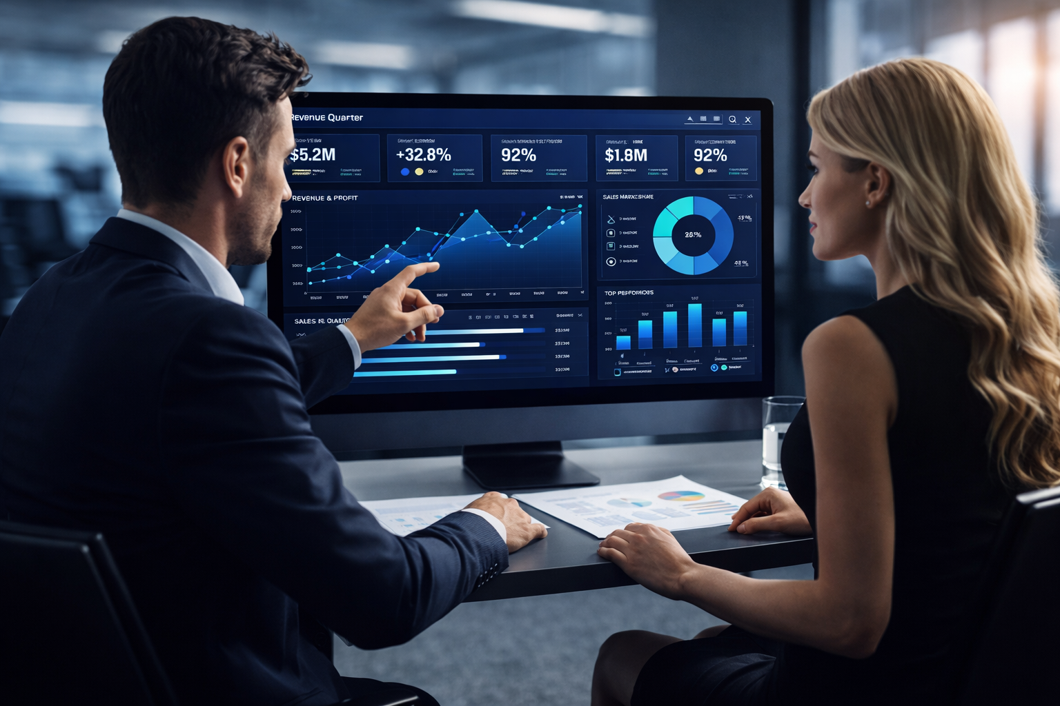 Executivos analisando dashboard estratégico com indicadores de receita, performance e crescimento empresarial