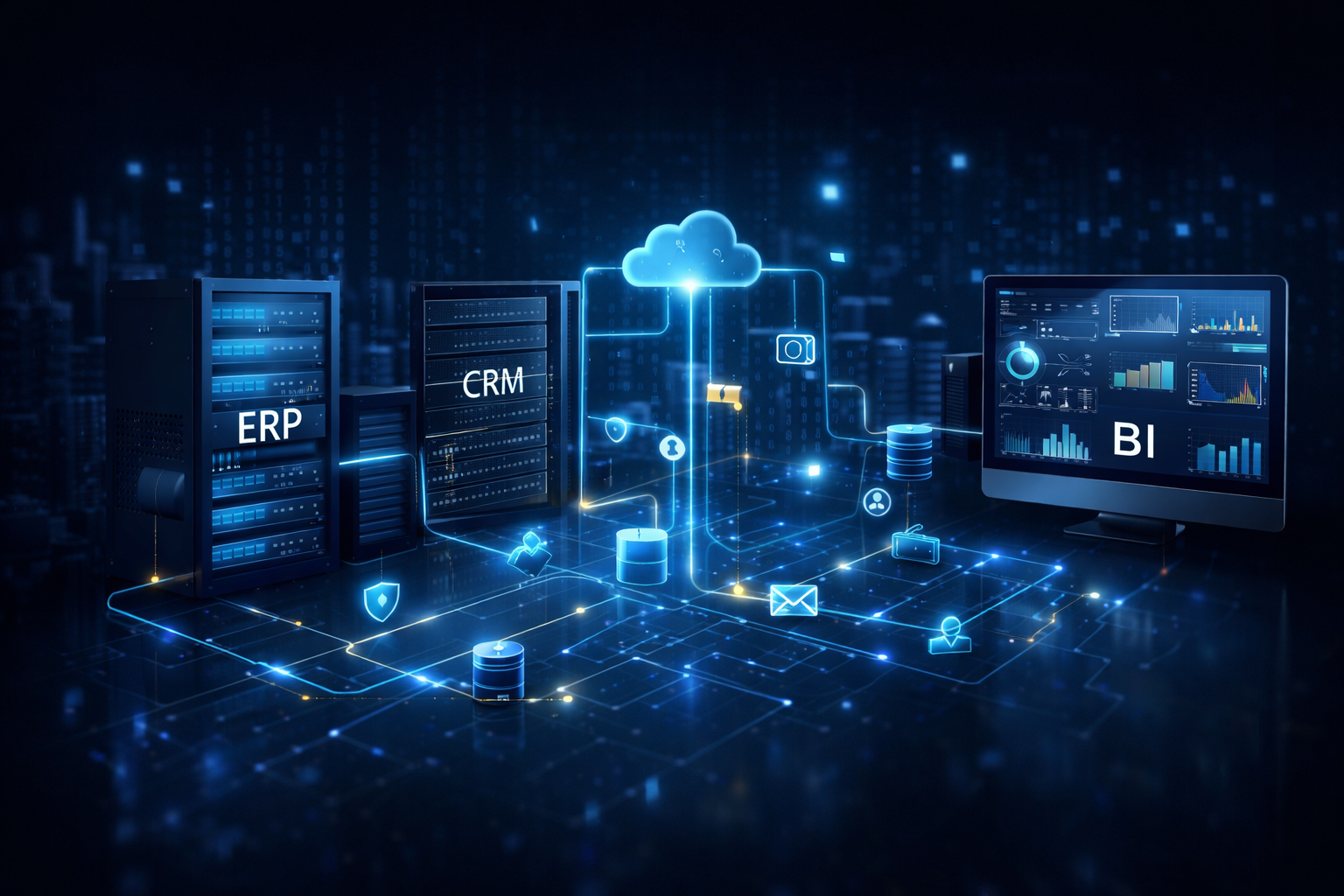 fluxo de dados entre sistemas corporativos ERP CRM e BI com governança de dados