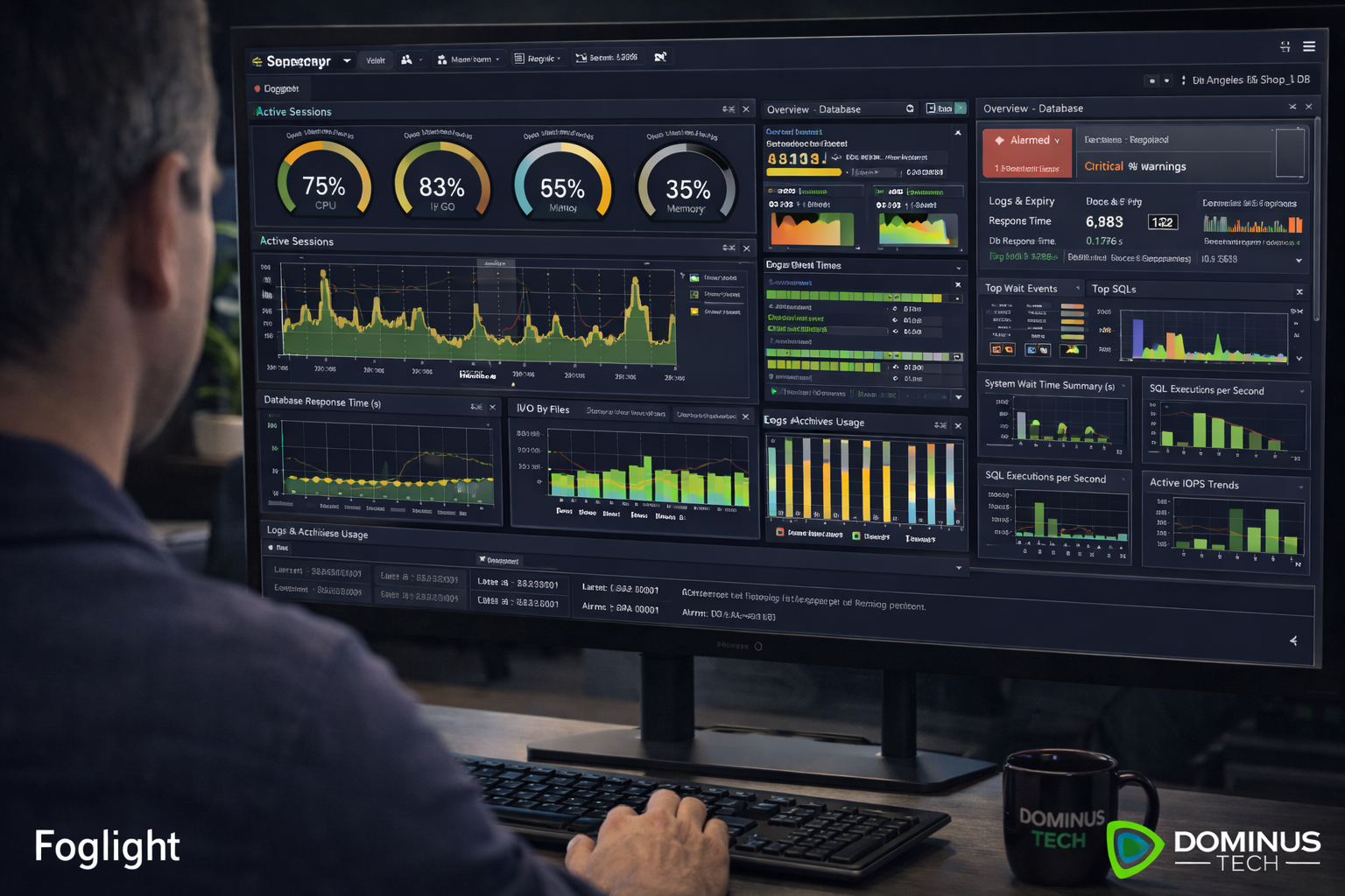 Dashboard do Foglight monitorando banco de dados em tempo real com métricas de performance e alertas – licenciamento pela Dominus Tech.
