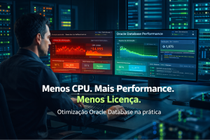 DBA analisando dashboards de Oracle Database Performance com redução de CPU, otimização SQL e economia de licenciamento em data centerProfissional de TI analisando Oracle Database Performance para reduzir CPU, melhorar performance e economizar licenças