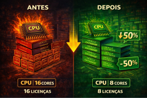 Comparação antes e depois da otimização de CPU em Oracle Database, mostrando redução de 16 para 8 cores e economia de 50% em licenças.
