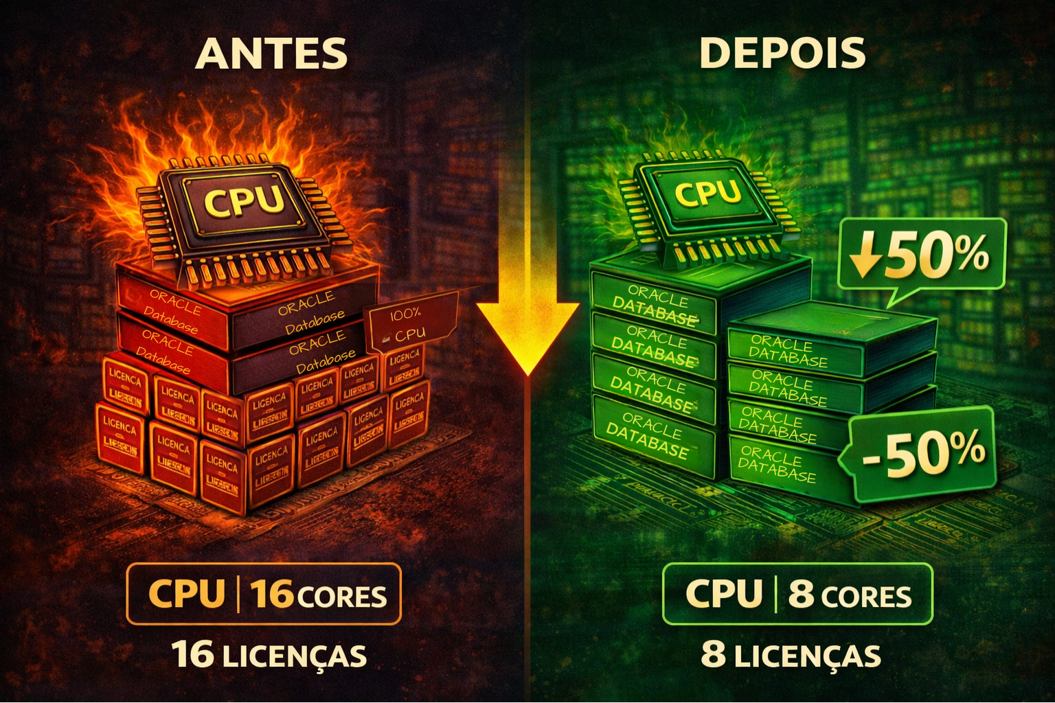 Comparação antes e depois da otimização de CPU em Oracle Database, mostrando redução de 16 para 8 cores e economia de 50% em licenças.