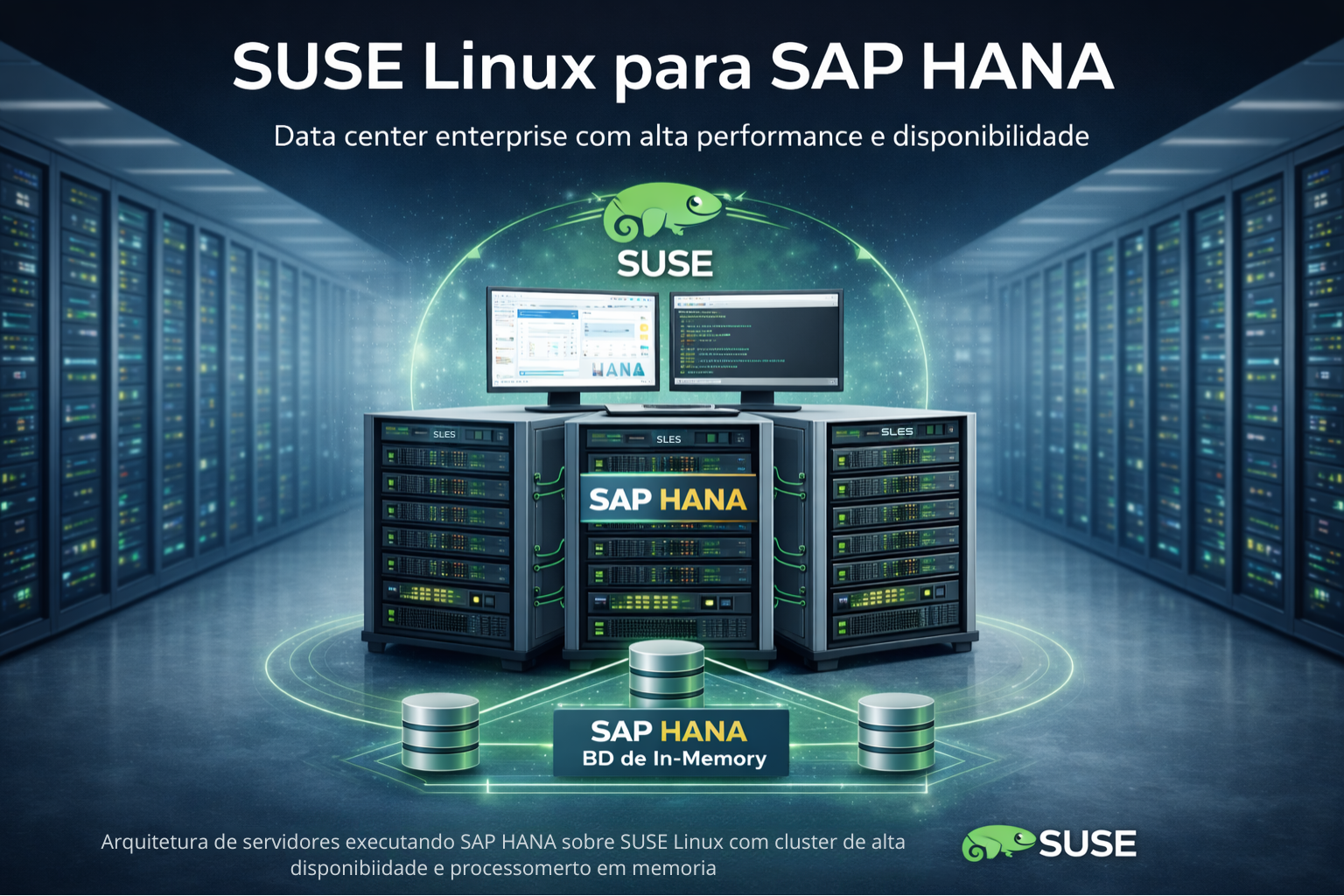 Infraestrutura de data center corporativo utilizando SUSE Linux Enterprise Server otimizado para SAP HANA com servidores empresariais de alta performance.