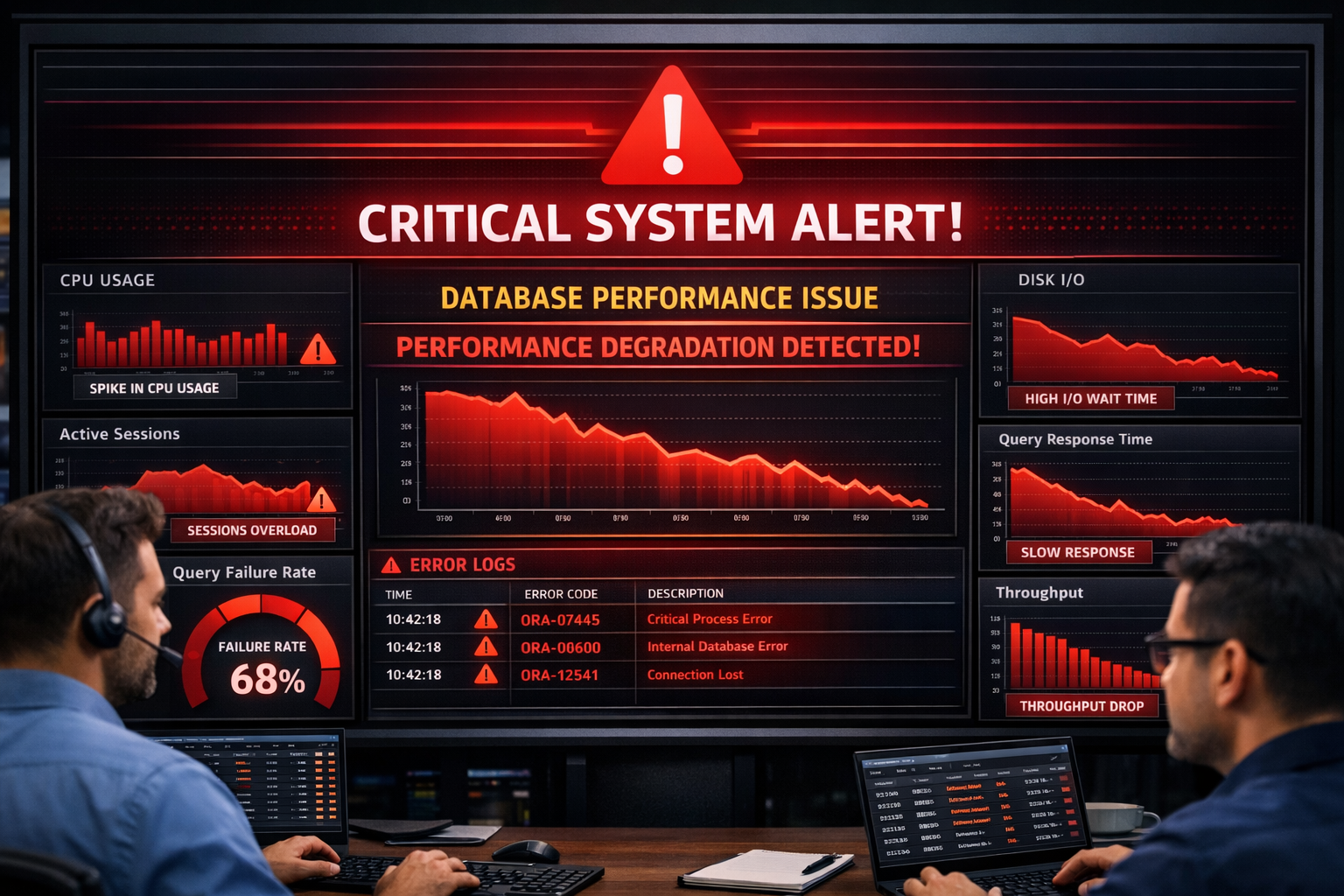Tela com alerta crítico de sistema e gráficos de performance mostrando degradação em banco de dados corporativo.