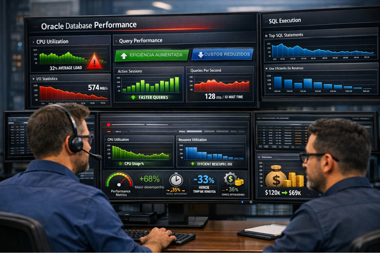 Profissional DBA Oracle analisando métricas de performance de banco de dados em múltiplas telas com gráficos de CPU, I/O e queries.