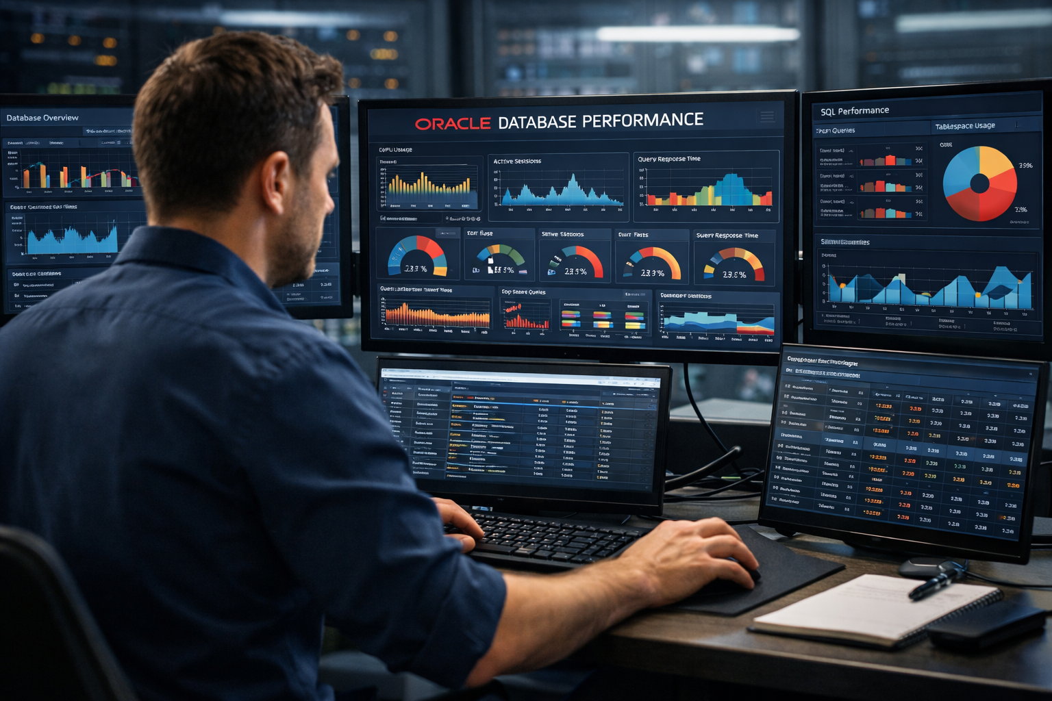 Consultoria DBA Oracle analisando performance de banco de dados corporativo em ambiente técnico com múltiplos monitores.