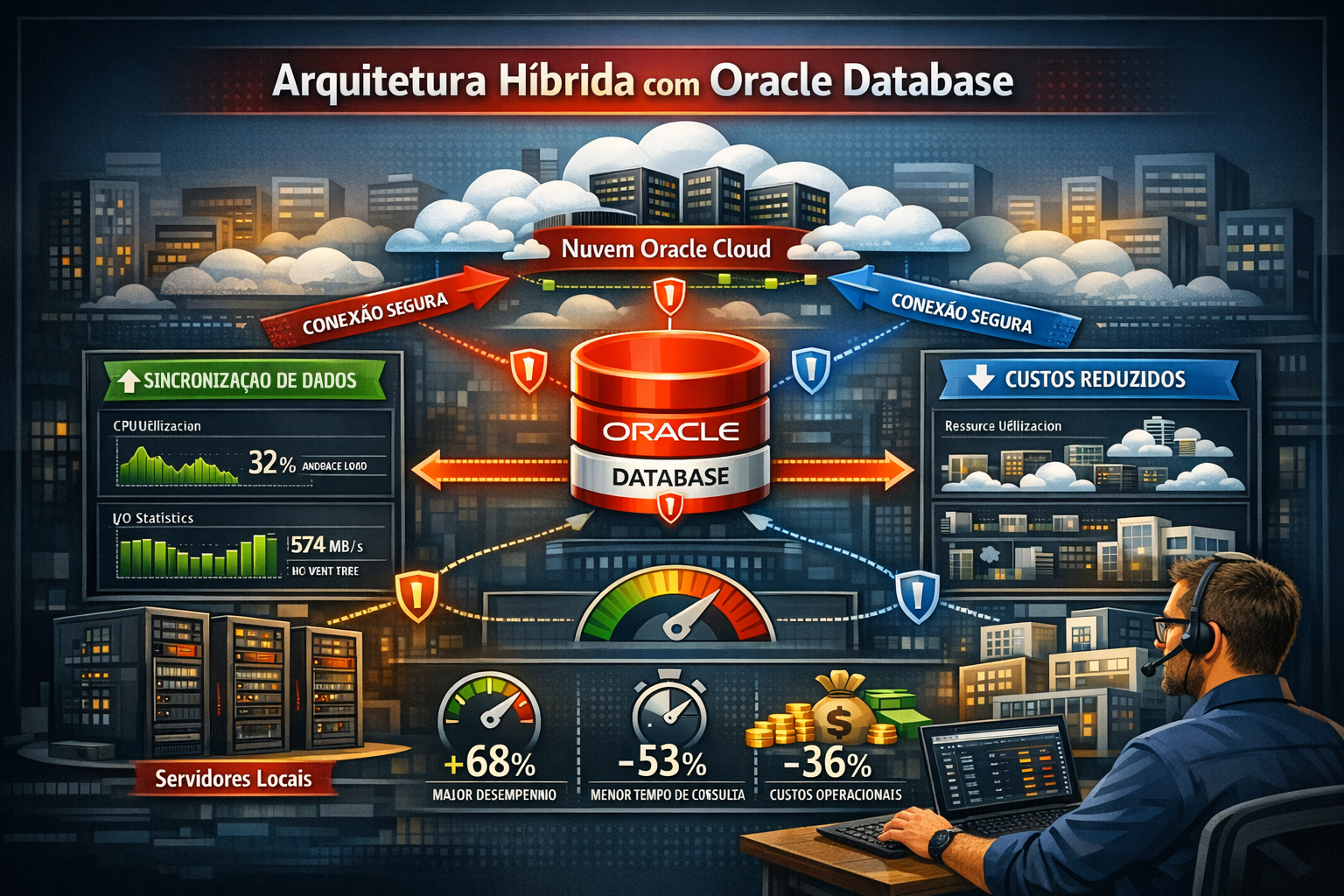 Arquitetura híbrida Oracle Database conectando servidores locais, Oracle Cloud e sistemas corporativos em ambiente