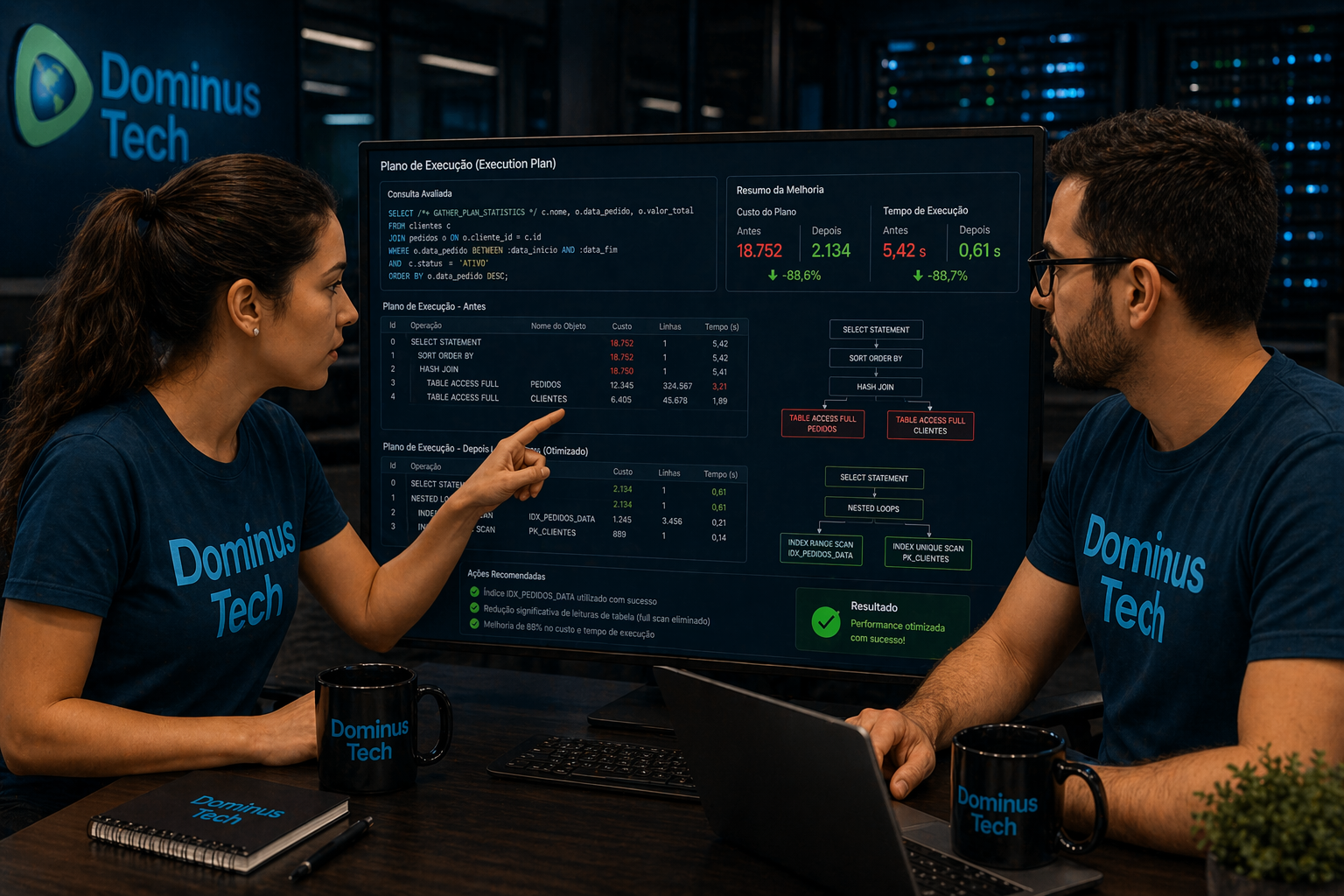 Dois especialistas da Dominus Tech analisando plano de execução Oracle com melhoria de performance destacada em ambiente corporativo de TI. DBA Oracle especialista.