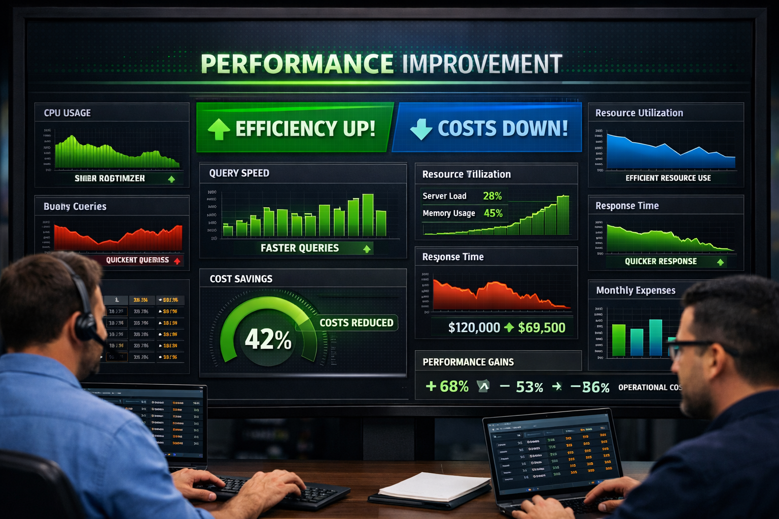 Dashboard mostrando aumento de eficiência e redução de custos em ambiente corporativo.