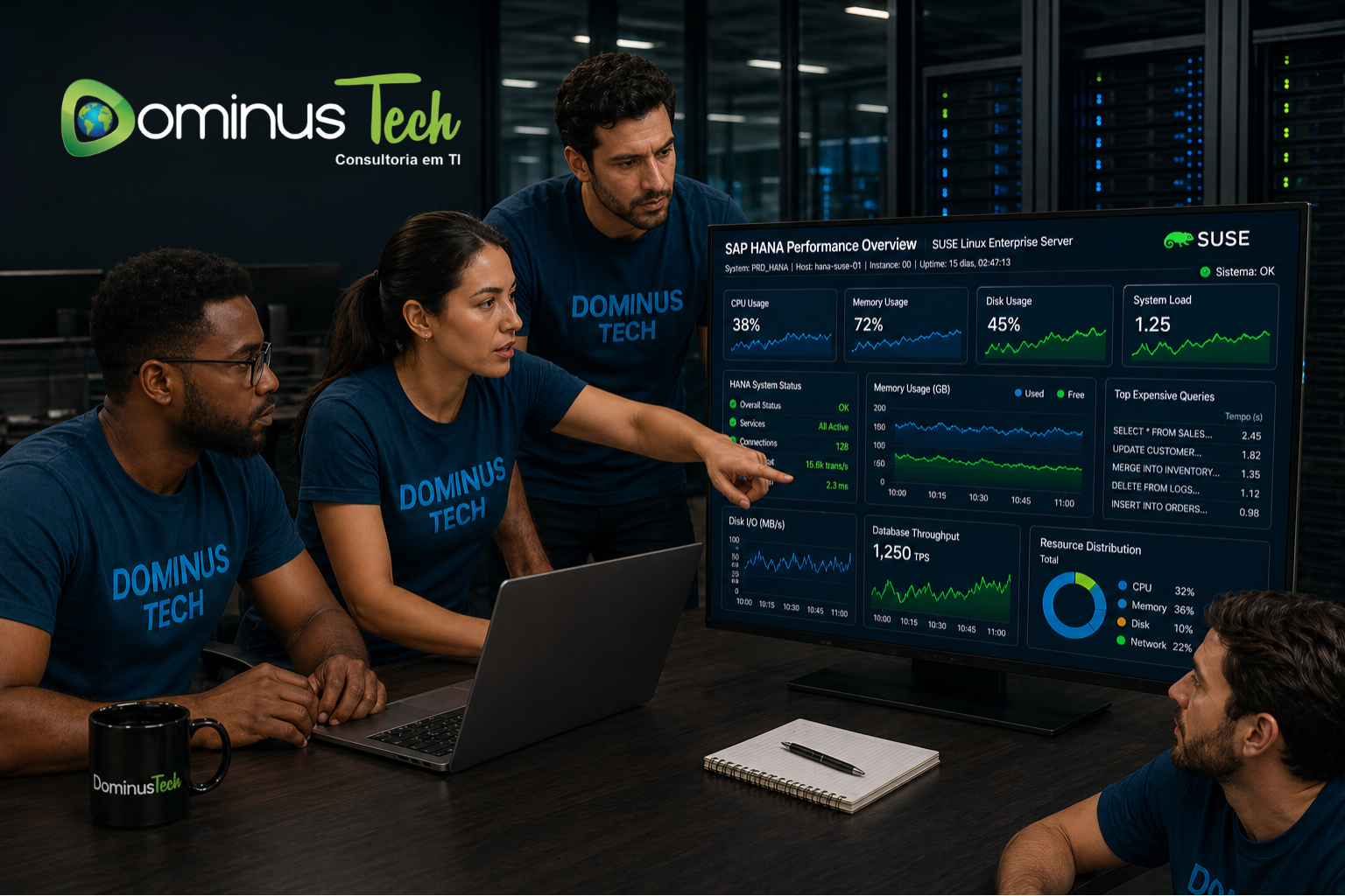 Equipe Dominus Tech analisando performance de Linux para banco de dados em ambiente corporativo com dashboards técnicos