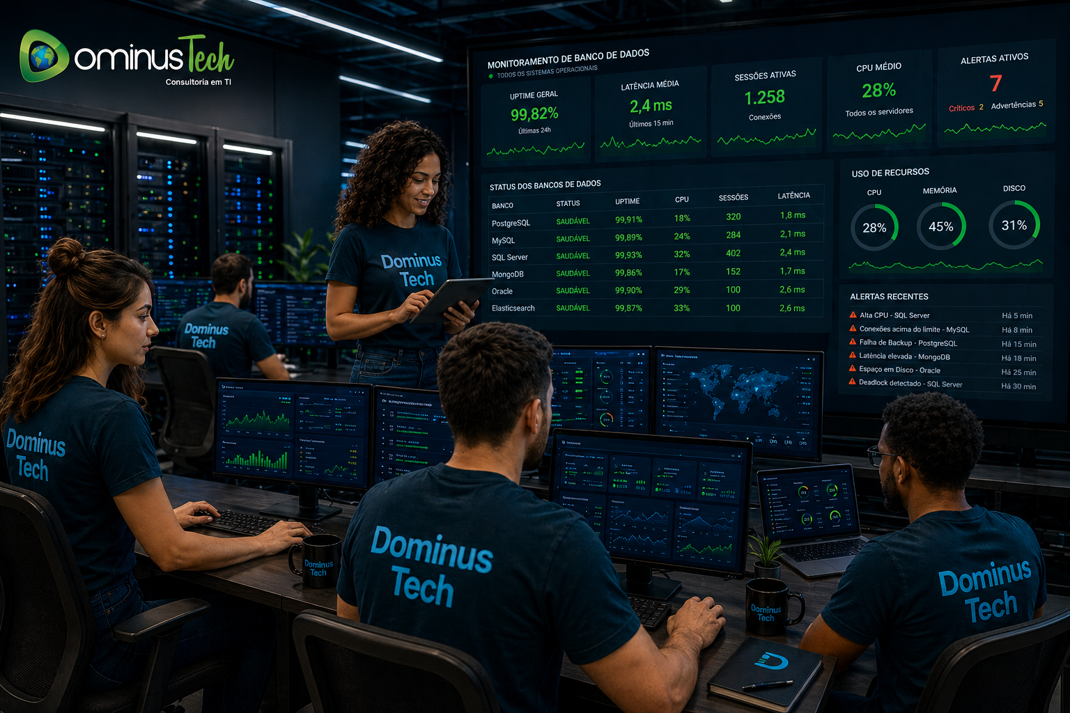 Equipe da Dominus Tech em datacenter moderno monitorando sistemas operacionais em tempo real, utilizando camisetas azul petróleo com nome em azul claro, enquanto analisam dashboards com métricas de desempenho, alertas e status dos servidores.