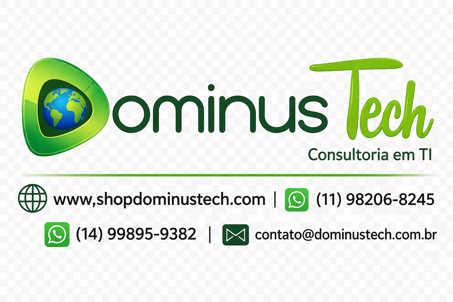 Banner institucional da Dominus Tech com logo, serviços de consultoria em TI e contatos como site, telefone e e-mail.