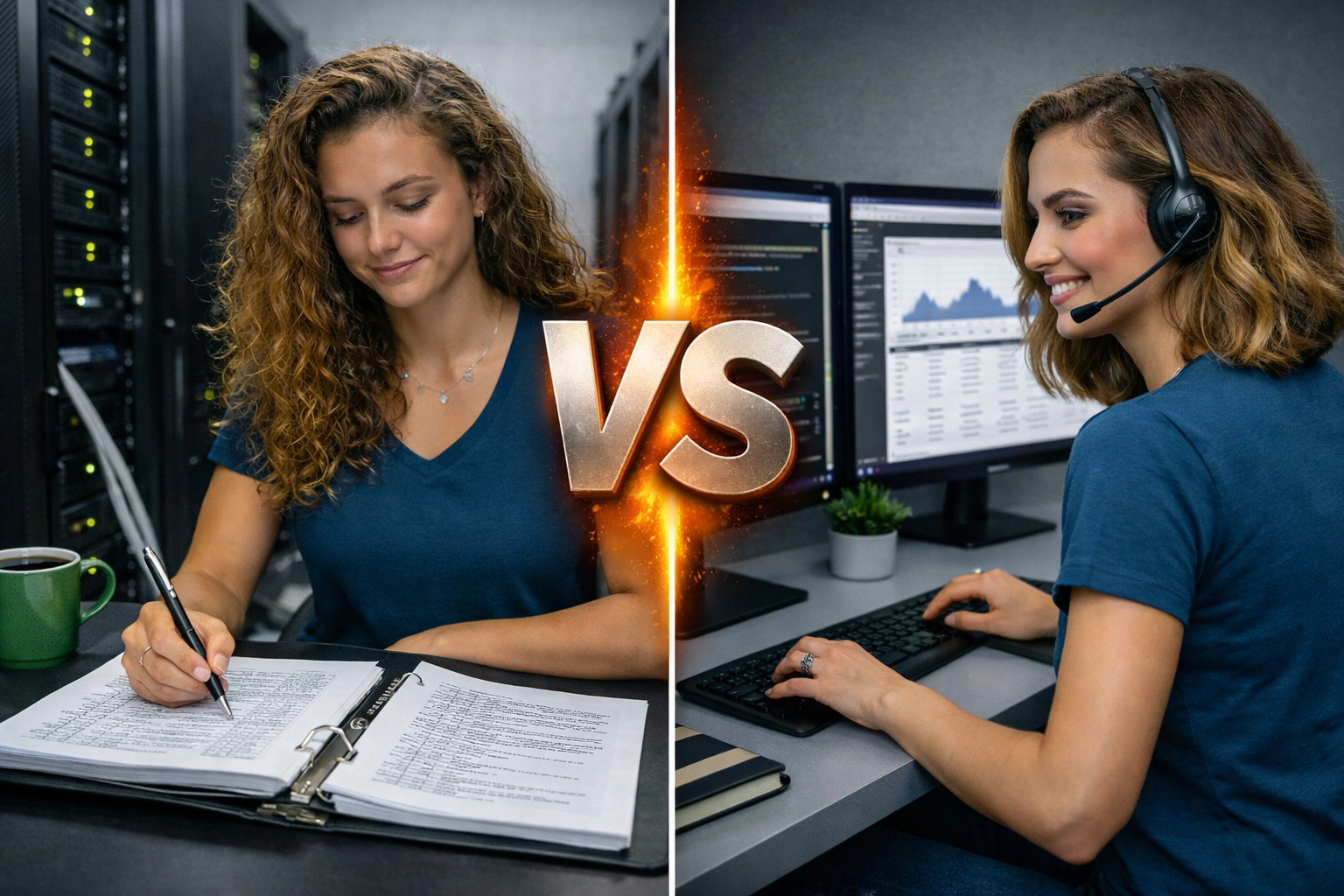 Duas profissionais da Dominus Tech em um ambiente de tecnologia, uma conferindo logs de banco de dados manualmente e outra analisando logs digitais em duas telas, com o logo da empresa e um grande “VS” central destacando o contraste entre ferramenta e DBA.