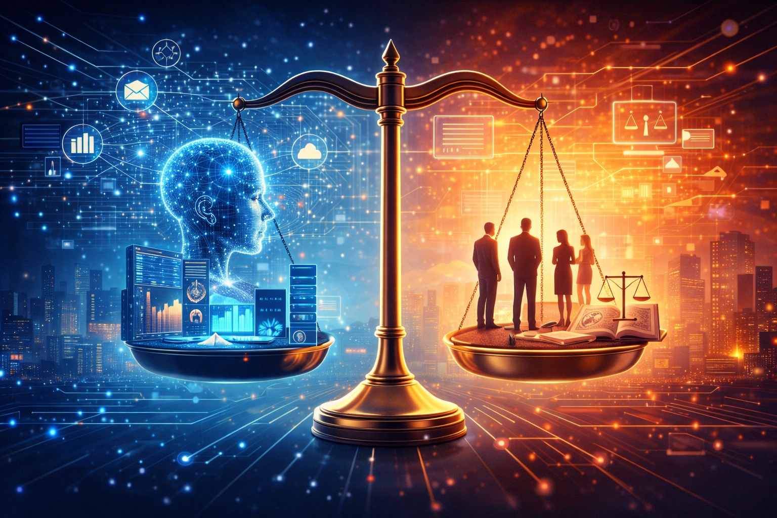 Balança simbolizando equilíbrio entre tecnologia e valores humanos.